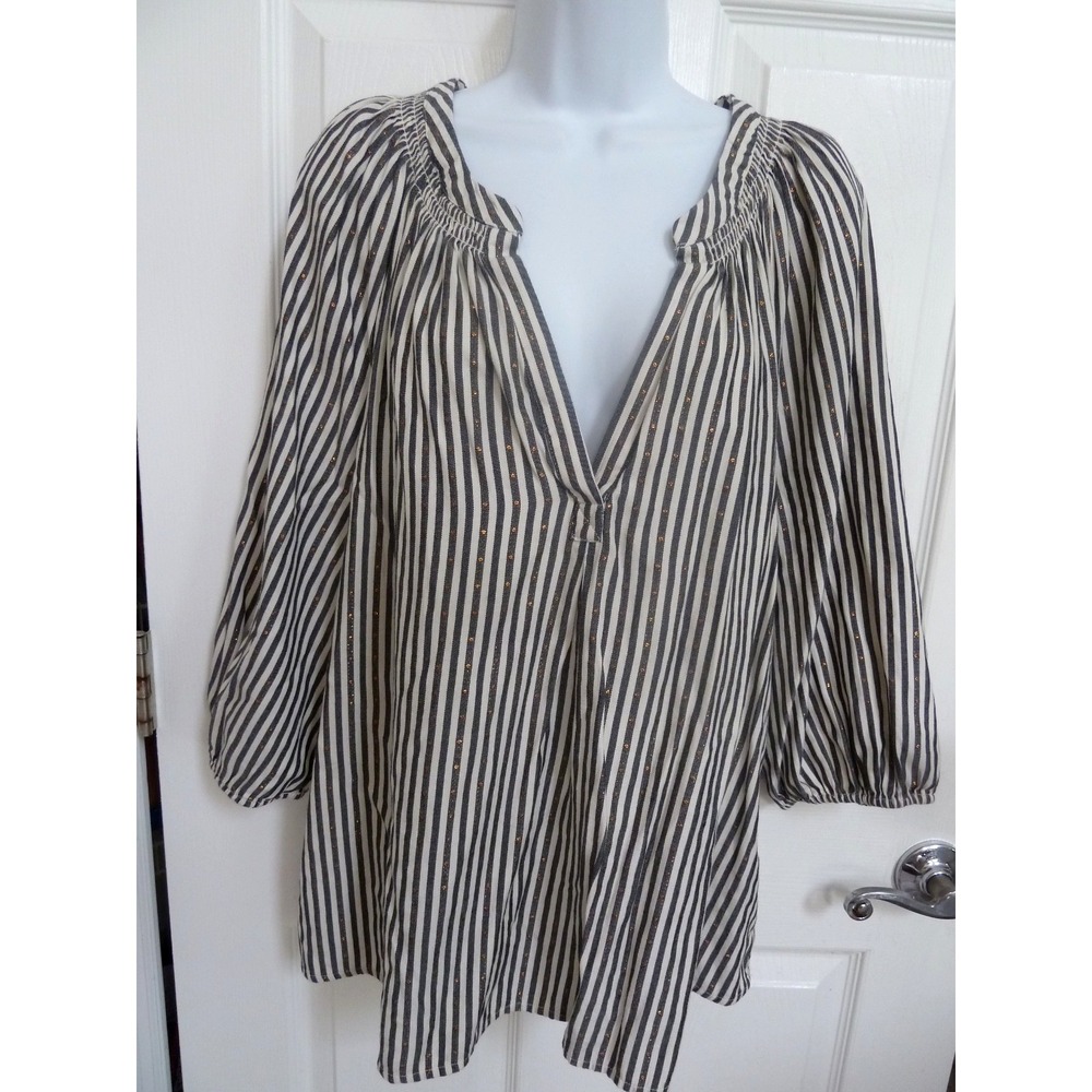 Crown & Ivy Curvy 2X Vertical Stripe Pullover Blouse Balloon Sleeves Gold Dots